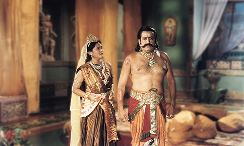 Ravan played by Arvind Trivedi with his wife Mandodari in a still from Ramayan